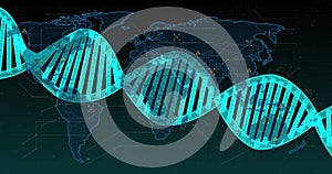 Image of dna strand over data processing and world map