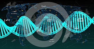 Image of dna strand over data processing and world map