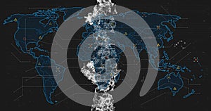 Image of dna strand over data processing and world map