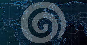 Image of dna strand over data processing and world map