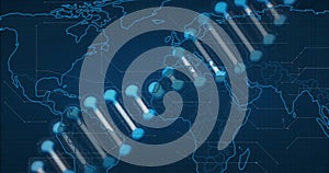 Image of dna strand over data processing and world map