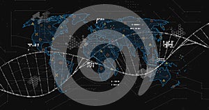 Image of dna strand over data processing and world map