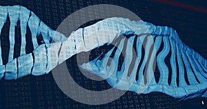 Image of dna strand over processing data on dark background