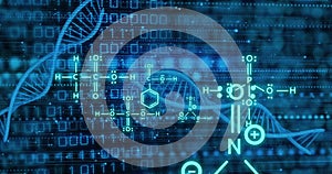 Image of dna strand and scientific data processing over binary coding