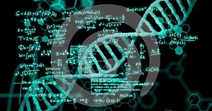Image of dna strand and scientific data processing over black background