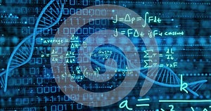 Image of dna strand and scientific data processing over black background