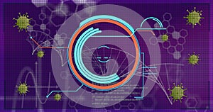 Image of dna strand and scientific data processing over dark background