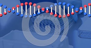 Image of dna strand scientific data processing over laboratory