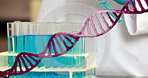Image of dna strand and scientific data processing over male scientist in laboratory