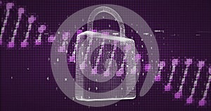 Image of dna strand, scientific data processing over padlock