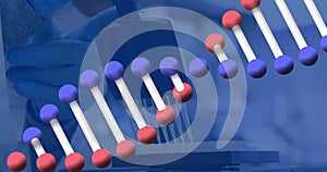 Image of dna strand scientific data processing over scientist in laboratory