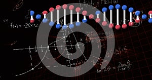 Image of dna strand spinning data processing and mathematical equations