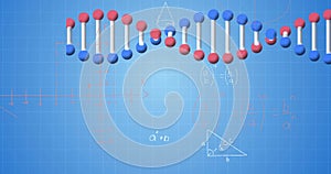 Image of dna strand spinning, data processing and mathematical equations