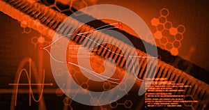 Image of dna strand spinning and data processing on orange background