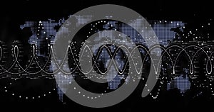 Image of dna strand spinning and data processing over world map