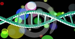 Image of dna strand spinning with glowing light trails over dark background