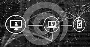 Image of dna strand spinning, icons and data processing over grid