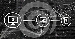 Image of dna strand spinning, icons and data processing over grid