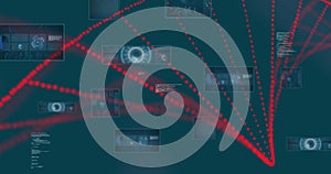 Image of dna strand spinning over scopes and data processing on screens