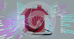 Image of dna strand, stethoscope, house and data processing