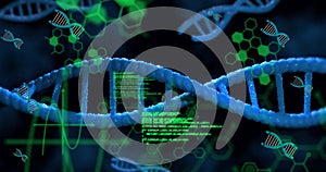 Image of dna strands and data processing on black background