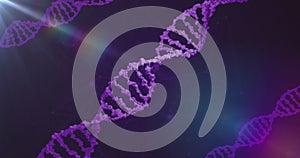 Image of dna strands and data processing over dark background