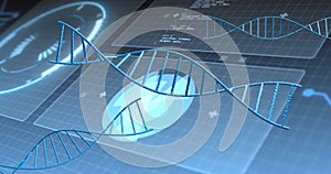 Image of dna strands over diagrams and data processing