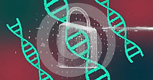 Image of dna strands, scientific data processing over padlock