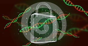 Image of dna strands, scientific data processing over padlock