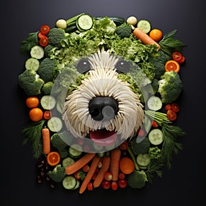 Image of dog face made with vegetables and fruits on clean background. Pet. Animals. Illustration, Generative AI