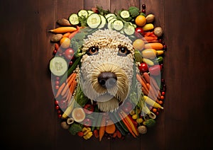 Image of dog face made with vegetables and fruits on clean background. Pet. Animals. Illustration, Generative AI