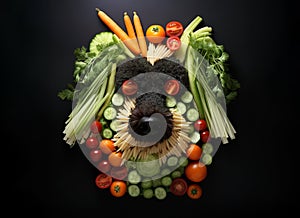 Image of dog face made with vegetables and fruits on clean background. Pet. Animals. Illustration, Generative AI