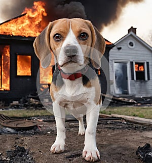 Image of dog and fire, Beagle, a breed of dog, rescuer, fireman, natural disaster, animals. Generative Ai