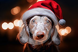 image of dog with santa hat on bokeh lights background. Selective focus