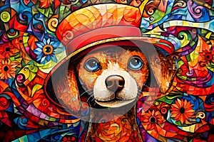 Image of dog wearing red hat and colorful flowers. Generative AI