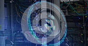 Image of dollar sign on rotating safe lock over data processing and computer server