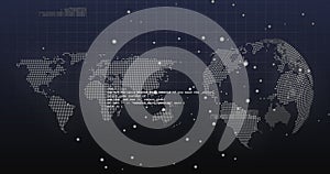Image of dots and data processing over world map and rotating globe on navy background