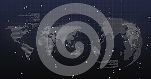 Image of dots and data processing over world map and rotating globe on navy background