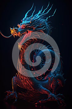 Image of a dragon with beautiful bright colors on black background. Mythical creatures. Illustration, Generative AI