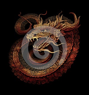 Image of a dragon on black background. Mythical creatures. Illustration, Generative AI