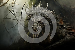 Image of a dragon in the forest with a scary atmosphere, Mythical creatures., Generative AI, Illustration