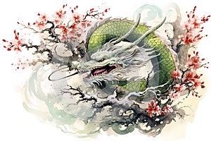 Image of dragon with pink cherry blossoms in ancient chinese style. Wildlife Animals. Nature. Illustration, Generative AI