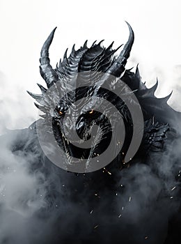 Image of a drargon and black smoke on white background. Mythical creatures. Animal