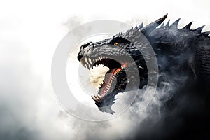 Image of a drargon and black smoke on white background. Mythical creatures. Animal