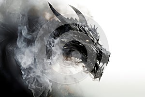 Image of a drargon and black smoke on white background. Mythical creatures. Animal