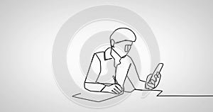 Image of drawing of businessman using smartphone on white background