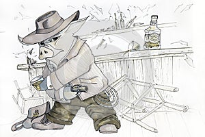 Image drawing of a cowboy pig