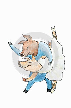 Image drawing of dancing piglets together in a ballet