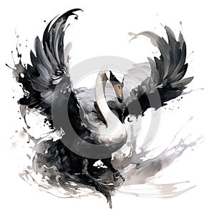 Image of drawing of a swan spreading its wings on white background. Bird. Wildlife Animals. Illustration, Generative AI