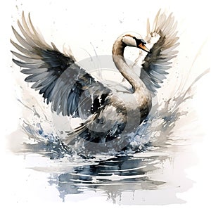 Image of drawing of a swan spreading its wings on white background. Bird. Wildlife Animals. Illustration, Generative AI